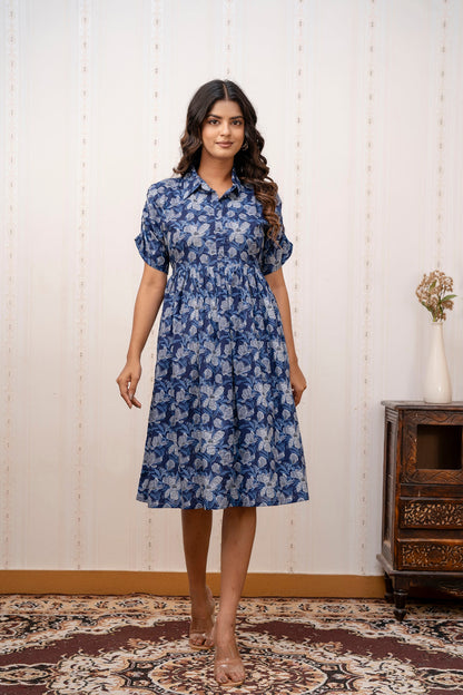 Women Navy Blue Printed midi Dress with Short Sleeves | LASVINI - Redefining Indian Fashion with Elegance