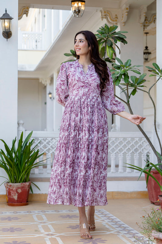Women Mauve Georgette Pleated Dress | LASVINI - Redefining Indian Fashion with Elegance