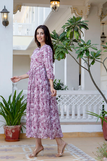 Women Mauve Georgette Pleated Dress | LASVINI - Redefining Indian Fashion with Elegance
