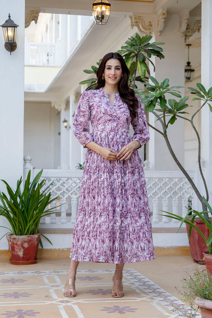 Women Mauve Georgette Pleated Dress | LASVINI - Redefining Indian Fashion with Elegance
