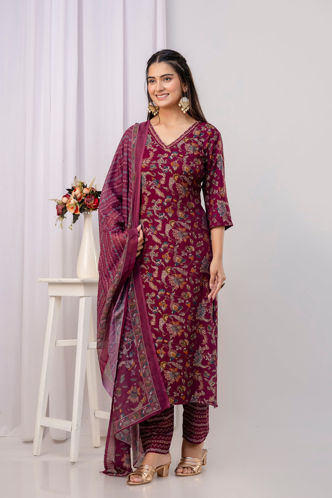 Burgundy Printed Straight Kurta Set With Dupatta for Women | LASVINI - Redefining Indian Fashion with Elegance