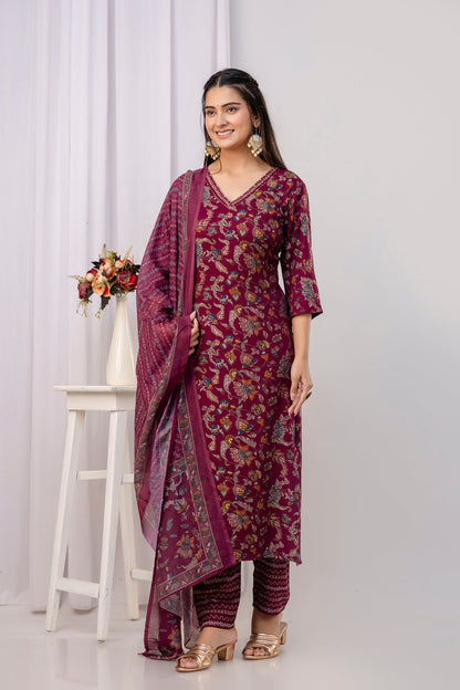 Burgundy Printed Straight Kurta Set With Dupatta for Women | LASVINI - Redefining Indian Fashion with Elegance