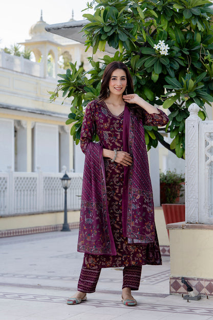 Burgundy Printed Straight Kurta Set With Dupatta for Women | LASVINI - Redefining Indian Fashion with Elegance