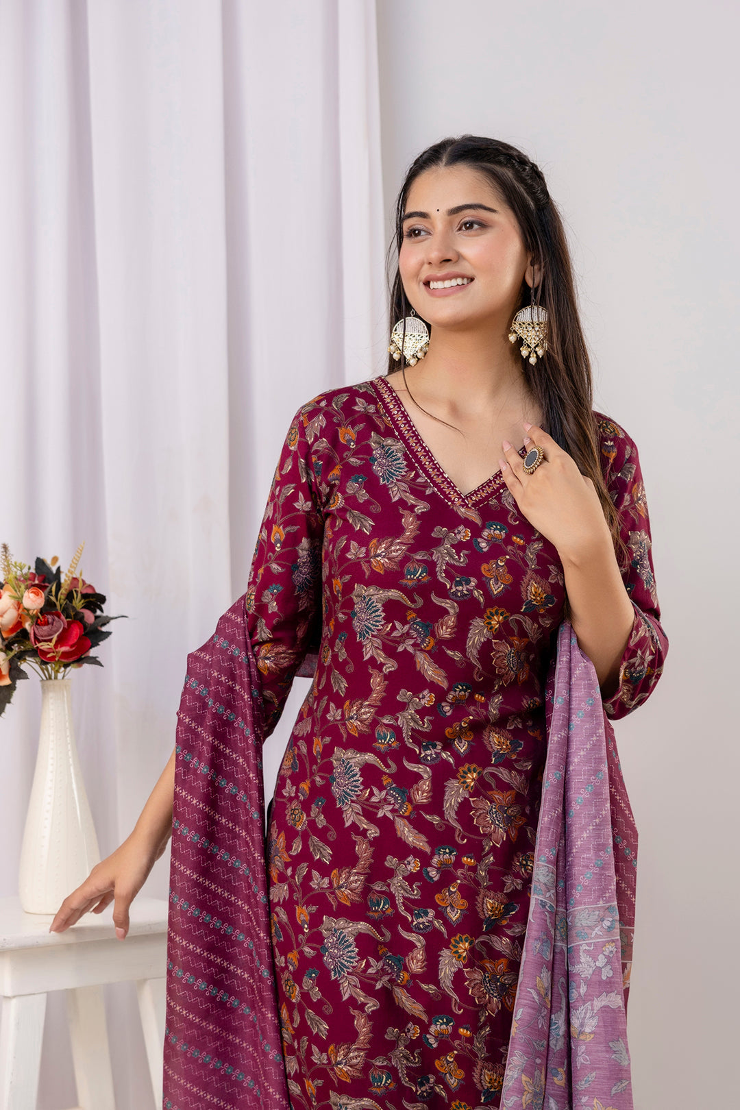 Burgundy Printed Straight Kurta Set With Dupatta for Women | LASVINI - Redefining Indian Fashion with Elegance