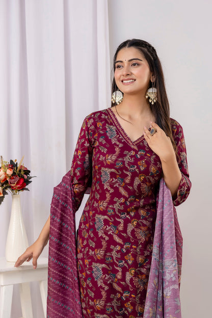 Burgundy Printed Straight Kurta Set With Dupatta for Women | LASVINI - Redefining Indian Fashion with Elegance