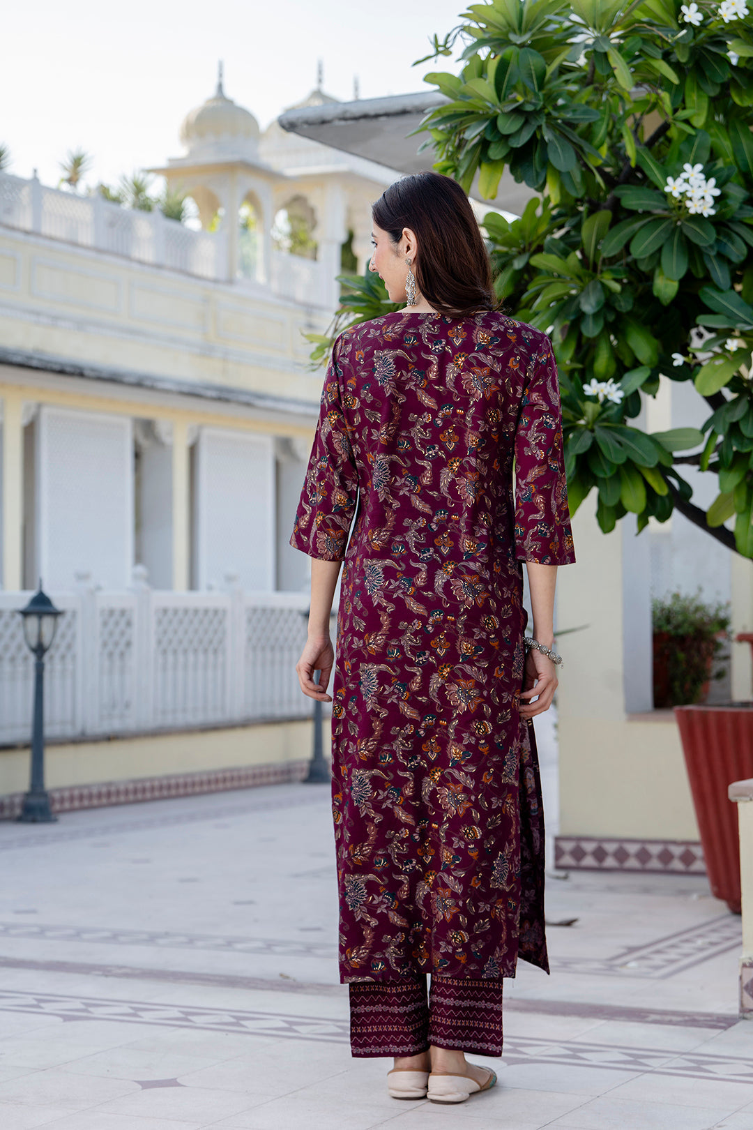 Burgundy Printed Straight Kurta Set With Dupatta for Women | LASVINI - Redefining Indian Fashion with Elegance