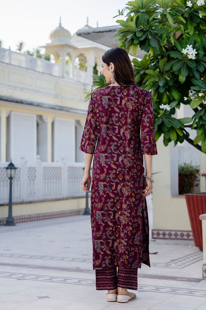 Burgundy Printed Straight Kurta Set With Dupatta for Women | LASVINI - Redefining Indian Fashion with Elegance