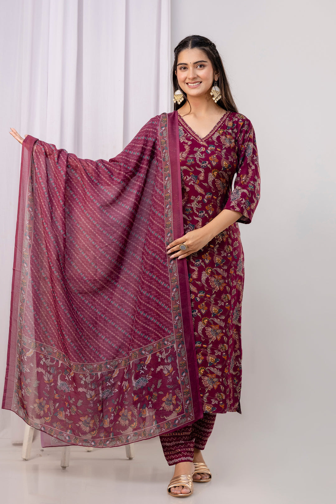 Burgundy Printed Straight Kurta Set With Dupatta for Women | LASVINI - Redefining Indian Fashion with Elegance