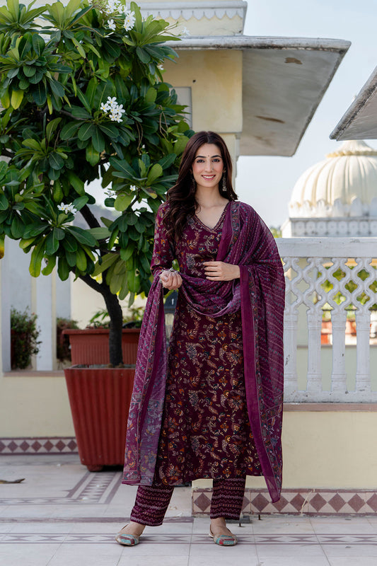 Burgundy Printed Straight Kurta Set With Dupatta for Women | LASVINI - Redefining Indian Fashion with Elegance