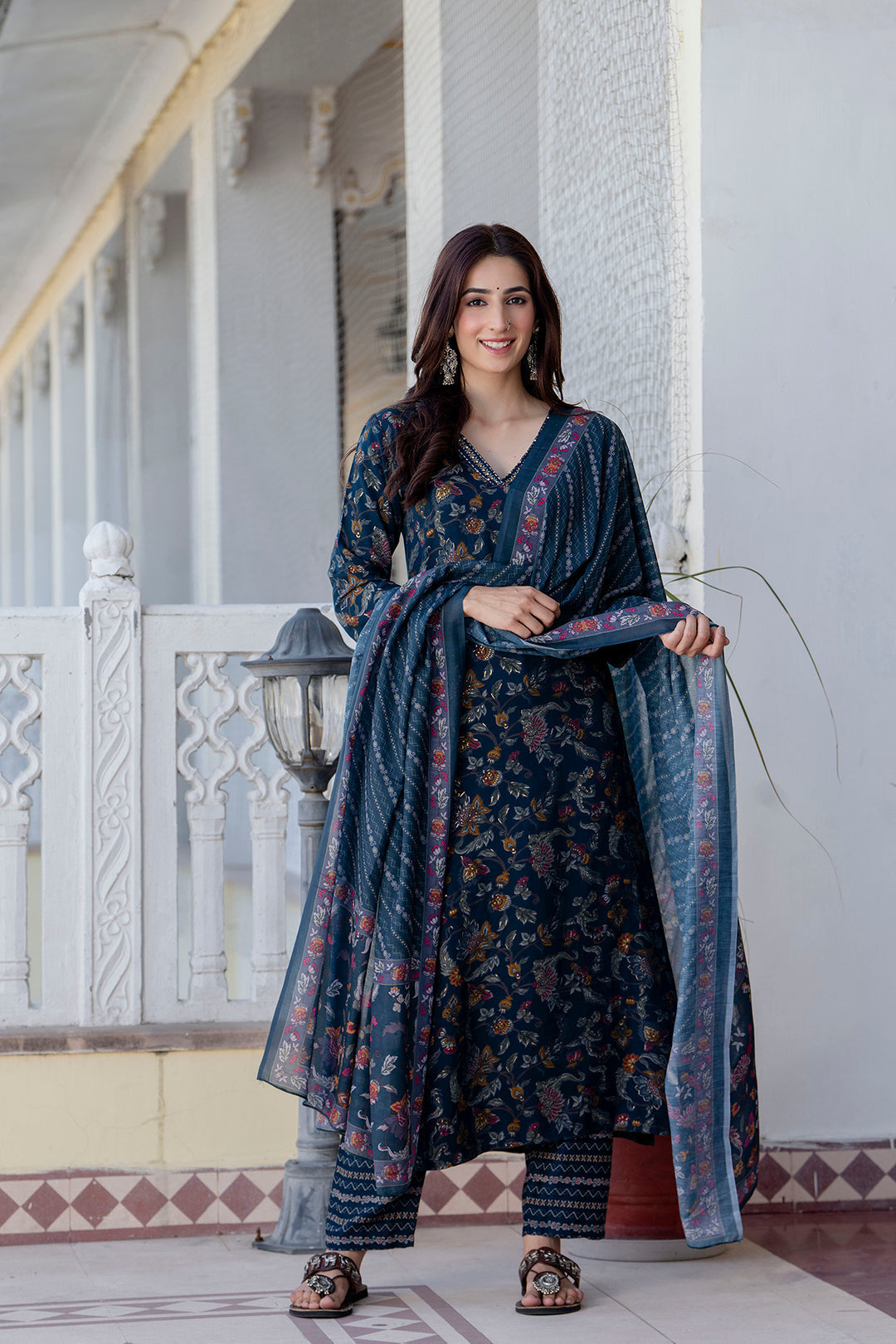 Teal Blue Printed Straight Kurta Set With Dupatta for Women | LASVINI - Redefining Indian Fashion with Elegance