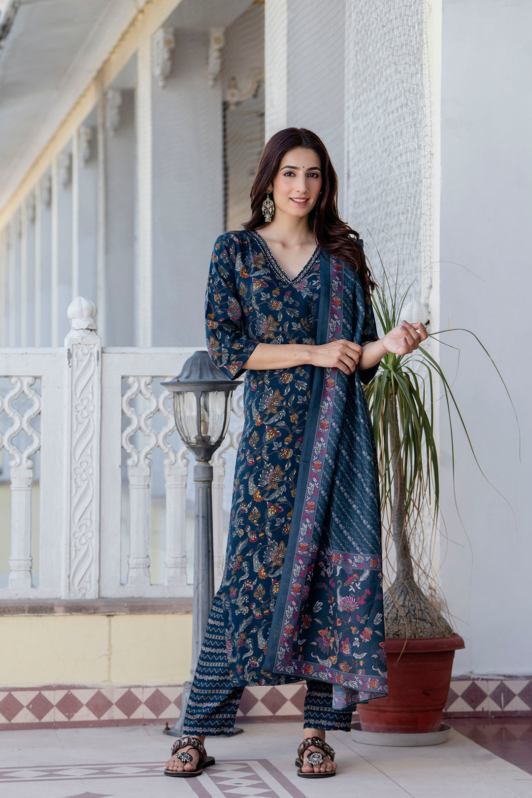 Teal Blue Printed Straight Kurta Set With Dupatta for Women | LASVINI - Redefining Indian Fashion with Elegance