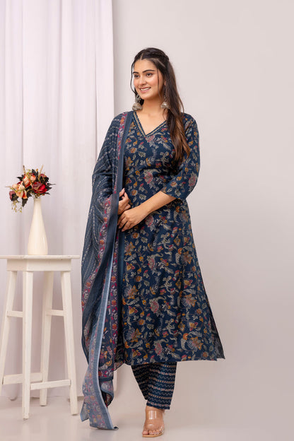 Teal Blue Printed Straight Kurta Set With Dupatta for Women | LASVINI - Redefining Indian Fashion with Elegance