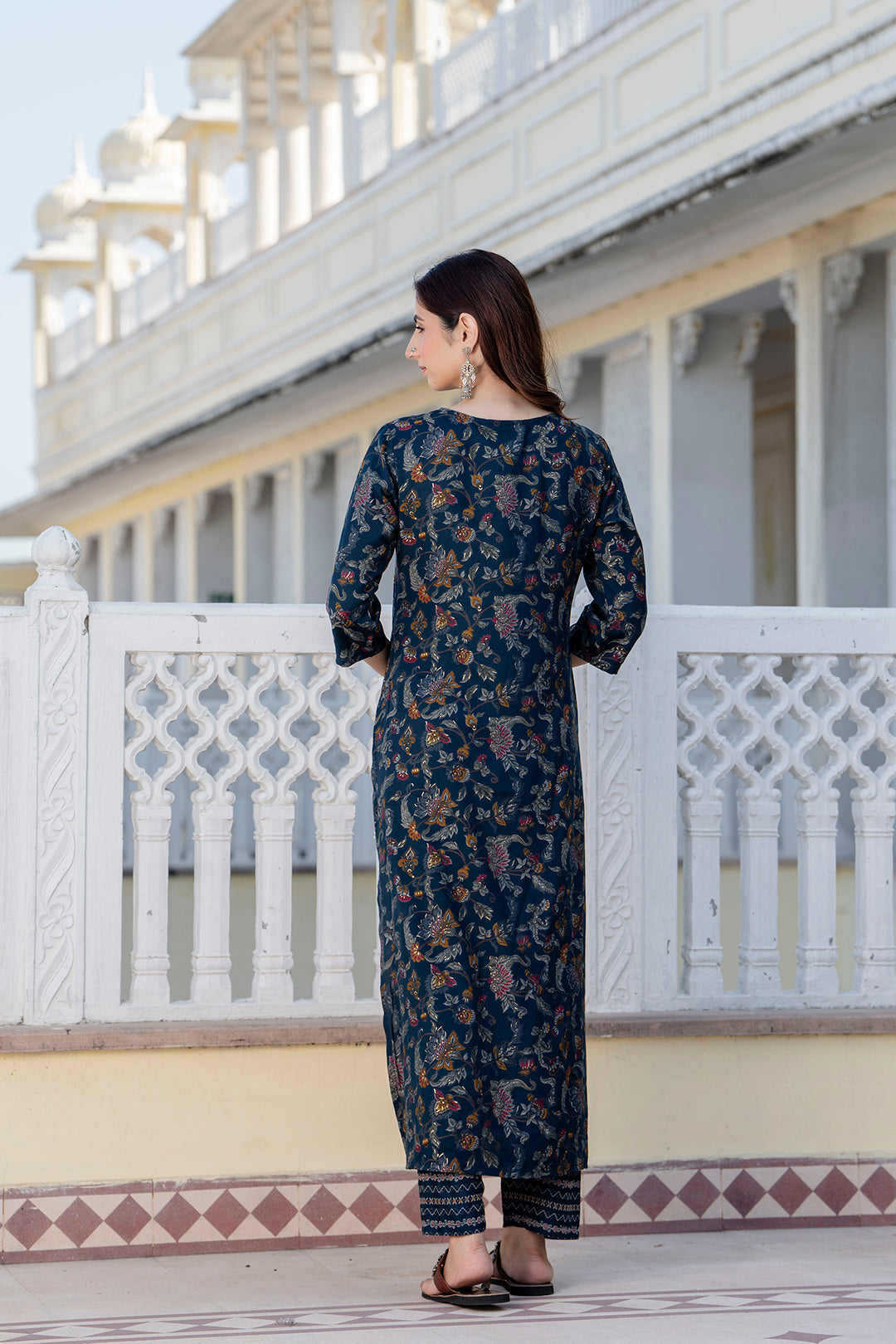 Teal Blue Printed Straight Kurta Set With Dupatta for Women | LASVINI - Redefining Indian Fashion with Elegance