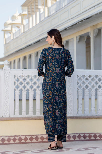 Teal Blue Printed Straight Kurta Set With Dupatta for Women | LASVINI - Redefining Indian Fashion with Elegance