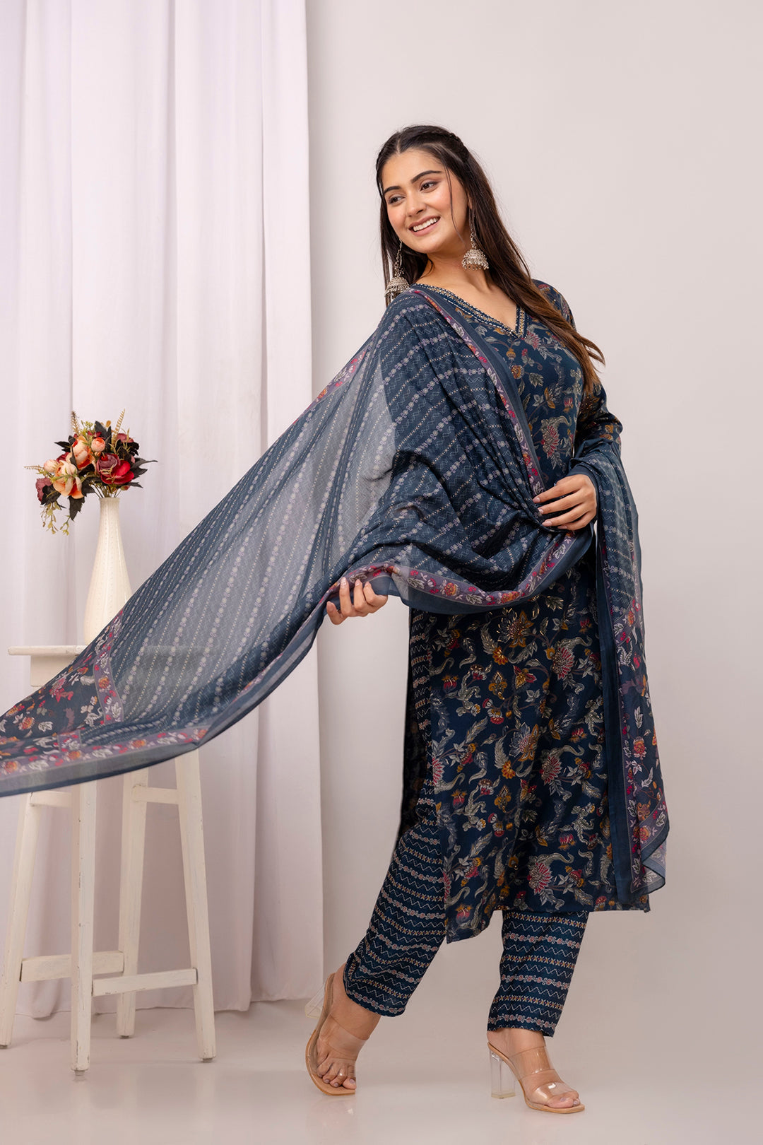 Teal Blue Printed Straight Kurta Set With Dupatta for Women | LASVINI - Redefining Indian Fashion with Elegance