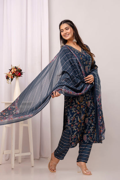 Teal Blue Printed Straight Kurta Set With Dupatta for Women | LASVINI - Redefining Indian Fashion with Elegance