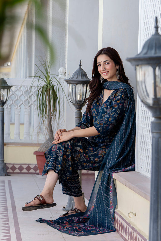 Teal Blue Printed Straight Kurta Set With Dupatta for Women | LASVINI - Redefining Indian Fashion with Elegance