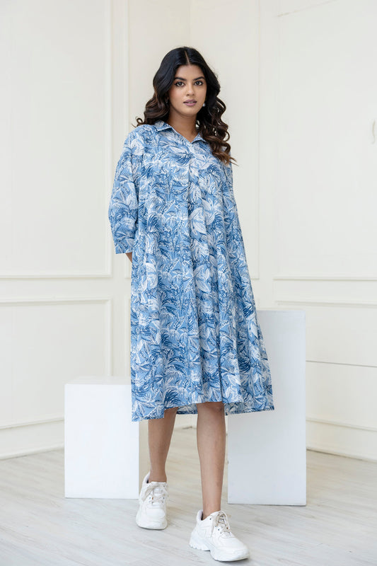 Women Blue Printed Flared Midi Dress | LASVINI - Redefining Indian Fashion with Elegance