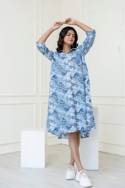 Women Blue Printed Flared Midi Dress | LASVINI - Redefining Indian Fashion with Elegance