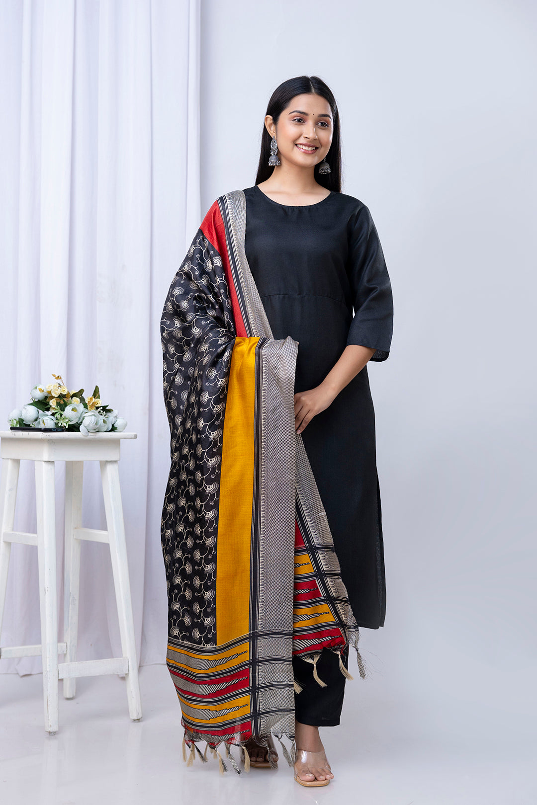 Black Straight Kurta Set With Printed Dupatta for Women | LASVINI - Redefining Indian Fashion with Elegance