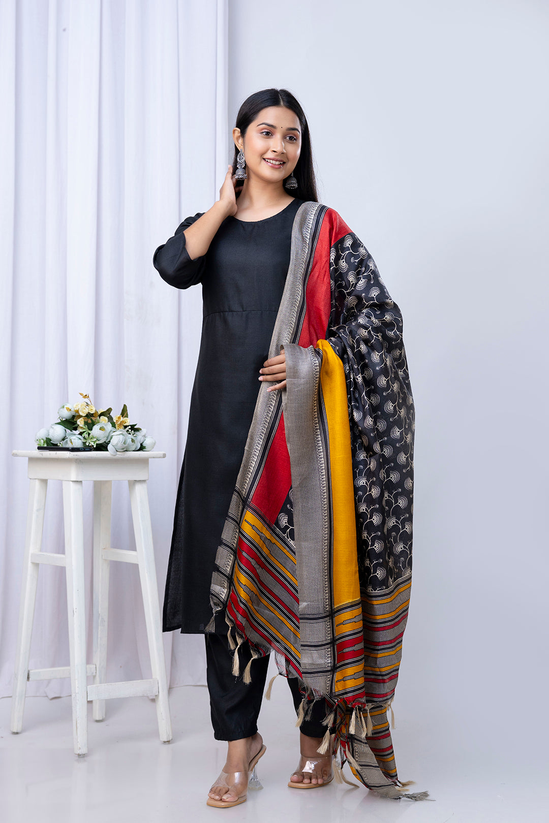 Black Straight Kurta Set With Printed Dupatta for Women | LASVINI - Redefining Indian Fashion with Elegance