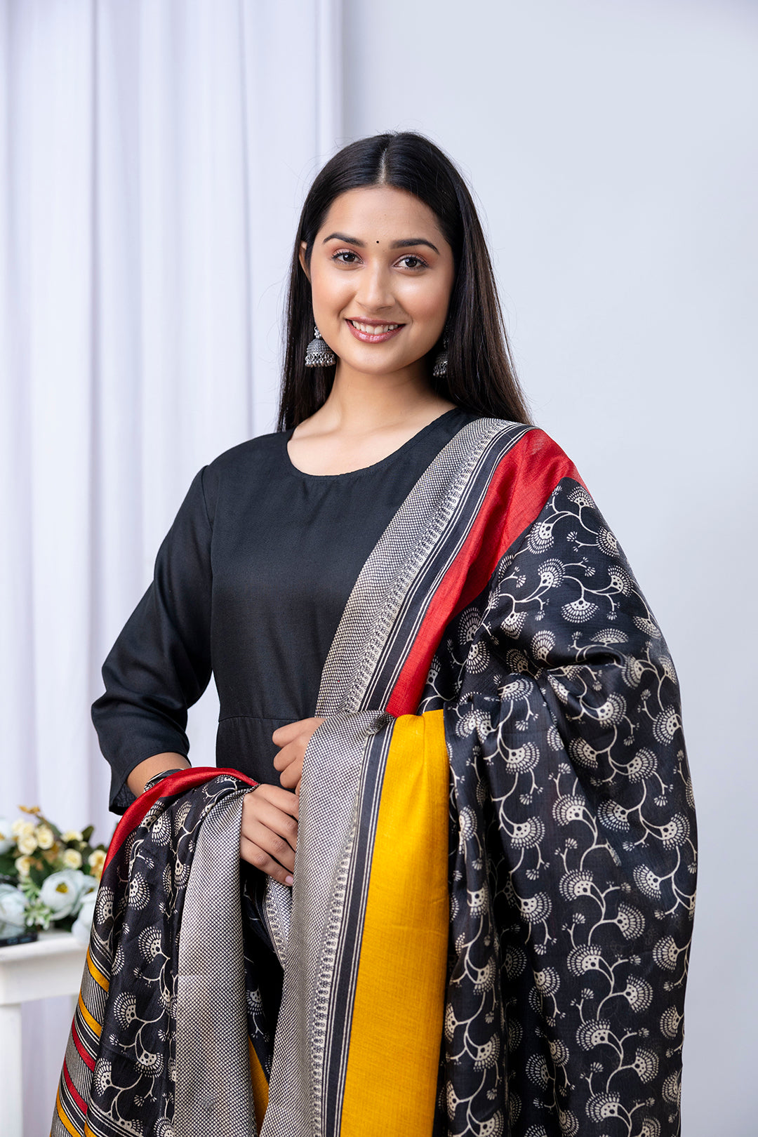 Black Straight Kurta Set With Printed Dupatta for Women | LASVINI - Redefining Indian Fashion with Elegance