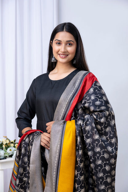Black Straight Kurta Set With Printed Dupatta for Women | LASVINI - Redefining Indian Fashion with Elegance