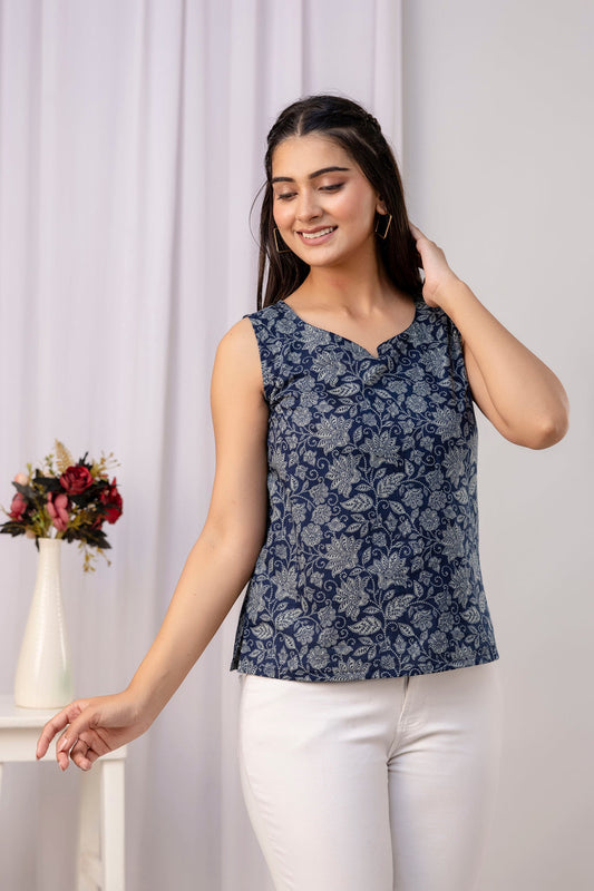 Women Navy Blue Printed Straight Tunic | LASVINI - Redefining Indian Fashion with Elegance
