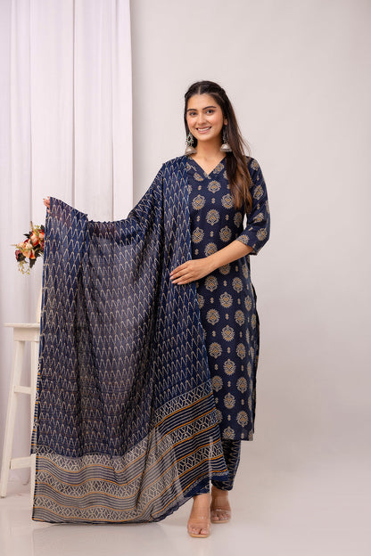 Navy Blue Printed Straight Kurta Set With Dupatta For Women | LASVINI - Redefining Indian Fashion with Elegance