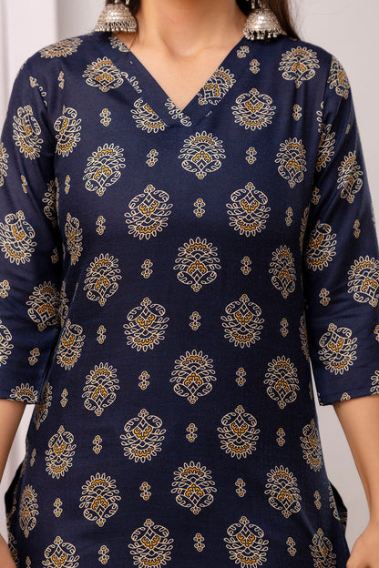 Navy Blue Printed Straight Kurta Set With Dupatta For Women | LASVINI - Redefining Indian Fashion with Elegance