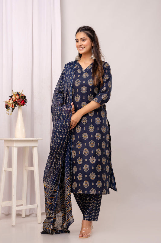 Navy Blue Printed Straight Kurta Set With Dupatta For Women | LASVINI - Redefining Indian Fashion with Elegance
