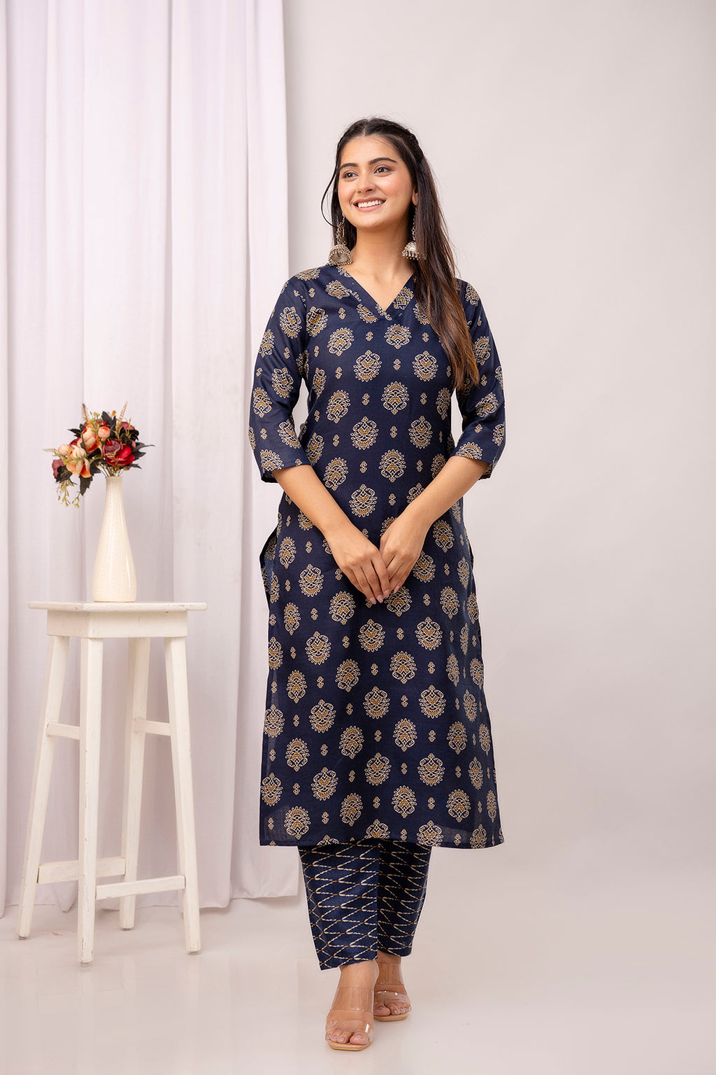 Navy Blue Printed Straight Kurta Set With Dupatta For Women | LASVINI - Redefining Indian Fashion with Elegance