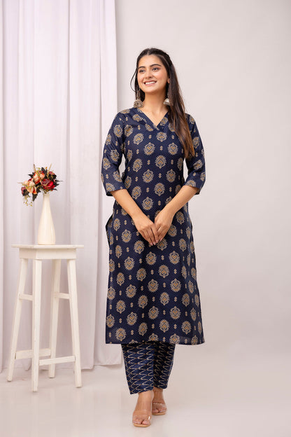 Navy Blue Printed Straight Kurta Set With Dupatta For Women | LASVINI - Redefining Indian Fashion with Elegance