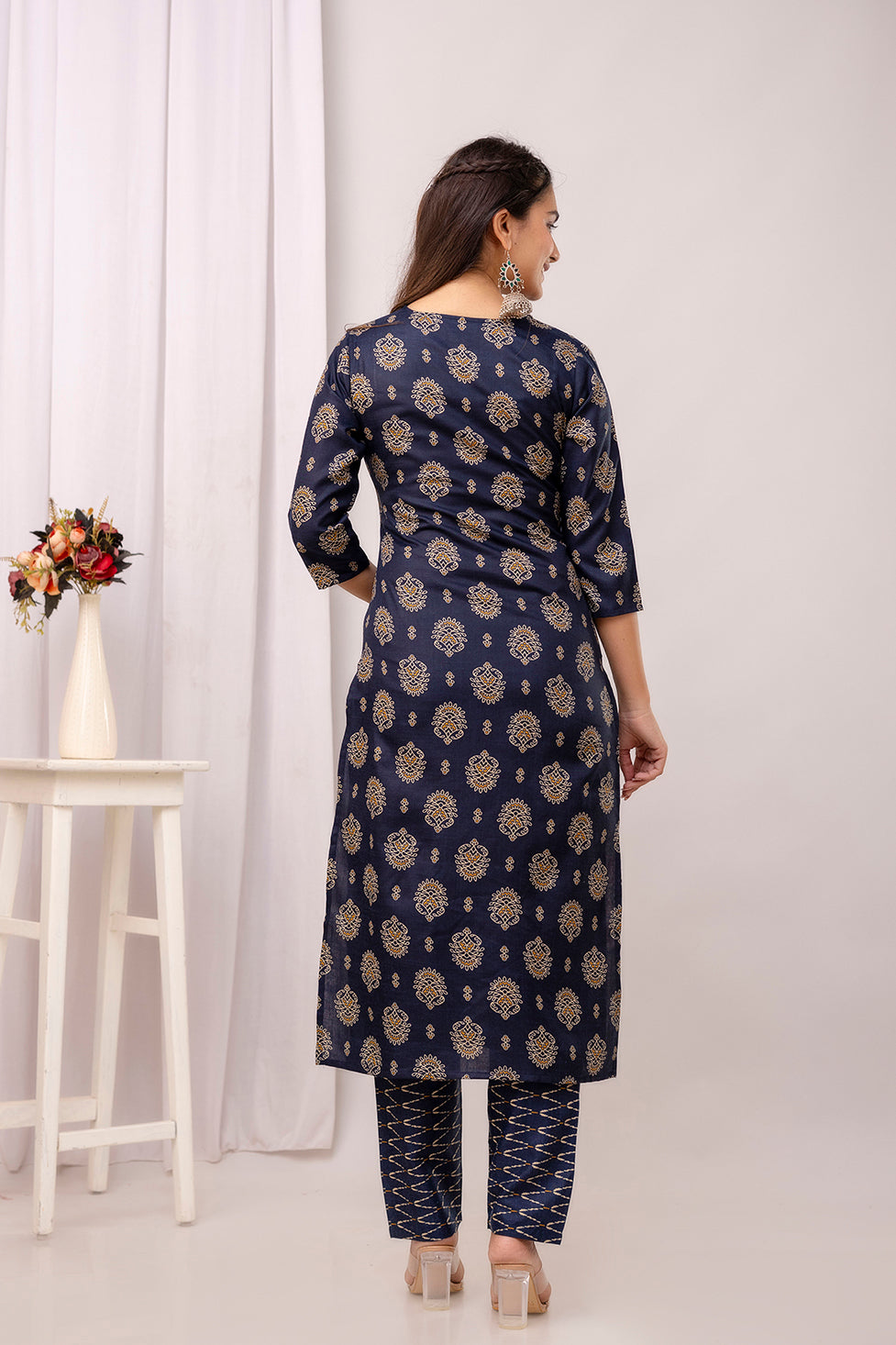 Navy Blue Printed Straight Kurta Set With Dupatta For Women | LASVINI - Redefining Indian Fashion with Elegance