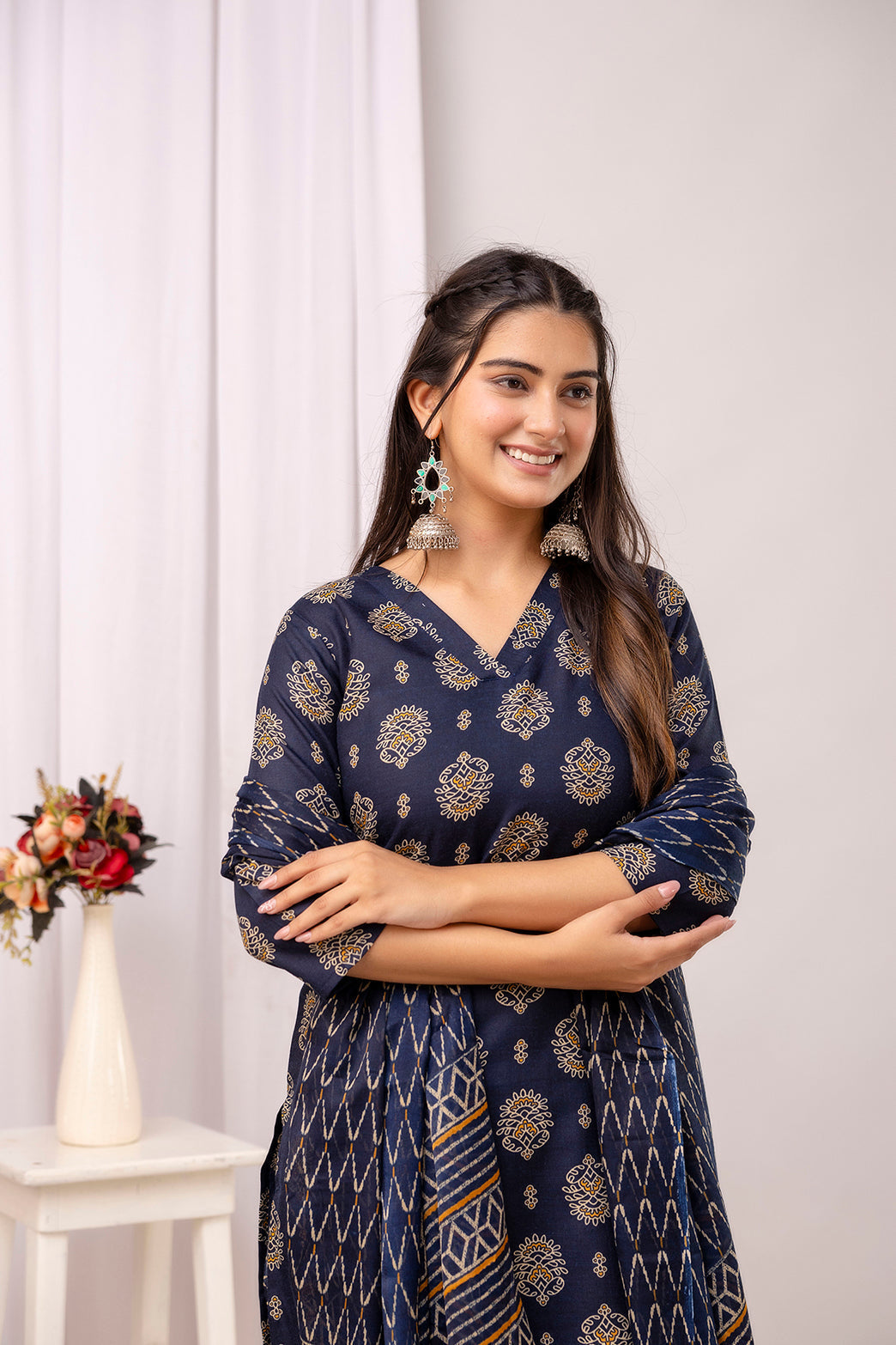 Navy Blue Printed Straight Kurta Set With Dupatta For Women | LASVINI - Redefining Indian Fashion with Elegance