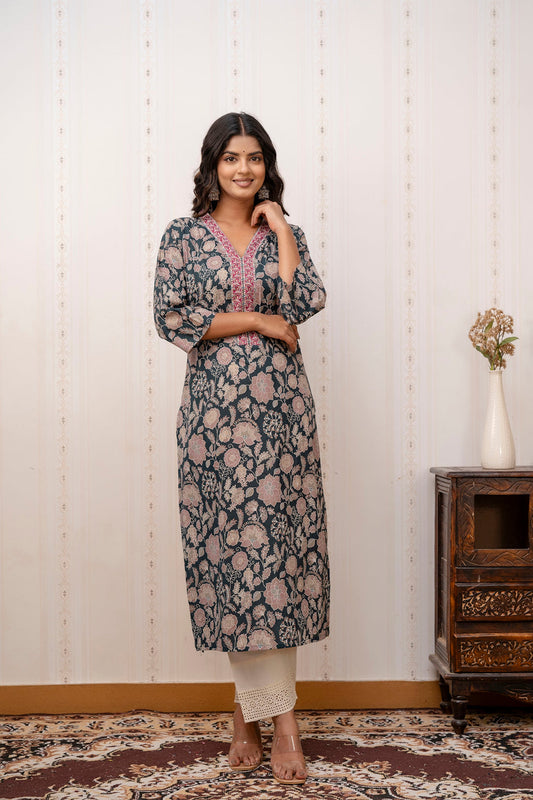 Women Green Printed Straight Kurta with Three Quarter Sleeves | LASVINI - Redefining Indian Fashion with Elegance