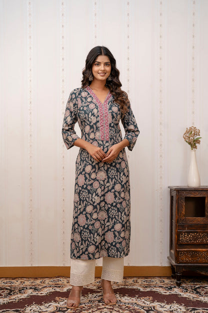 Women Green Printed Straight Kurta with Three Quarter Sleeves | LASVINI - Redefining Indian Fashion with Elegance