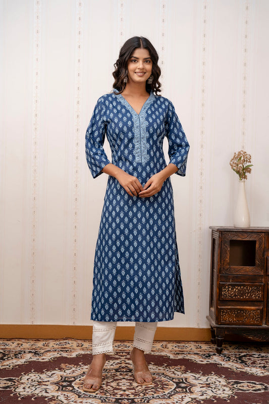 Women Blue Printed Straight Kurta with Three Quarter Sleeves | LASVINI - Redefining Indian Fashion with Elegance