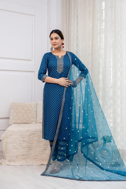 Blue Gold Printed Straight Kurta Set With Net Dupatta for Women | LASVINI - Redefining Indian Fashion with Elegance