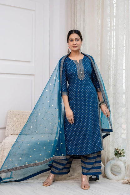 Blue Gold Printed Straight Kurta Set With Net Dupatta for Women | LASVINI - Redefining Indian Fashion with Elegance