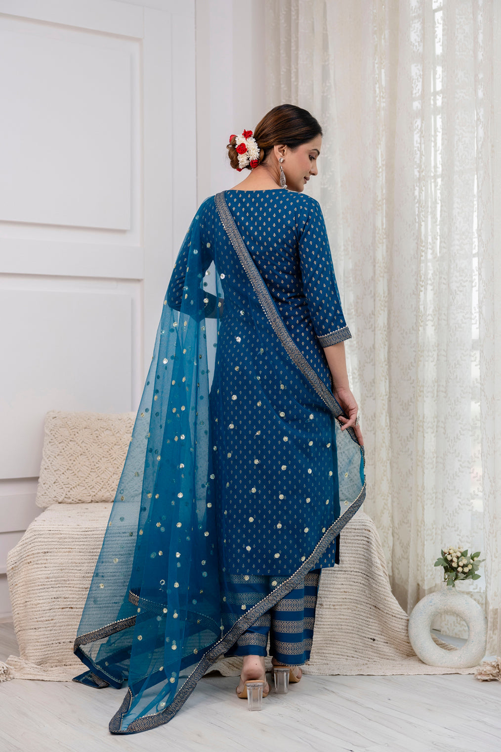 Blue Gold Printed Straight Kurta Set With Net Dupatta for Women | LASVINI - Redefining Indian Fashion with Elegance