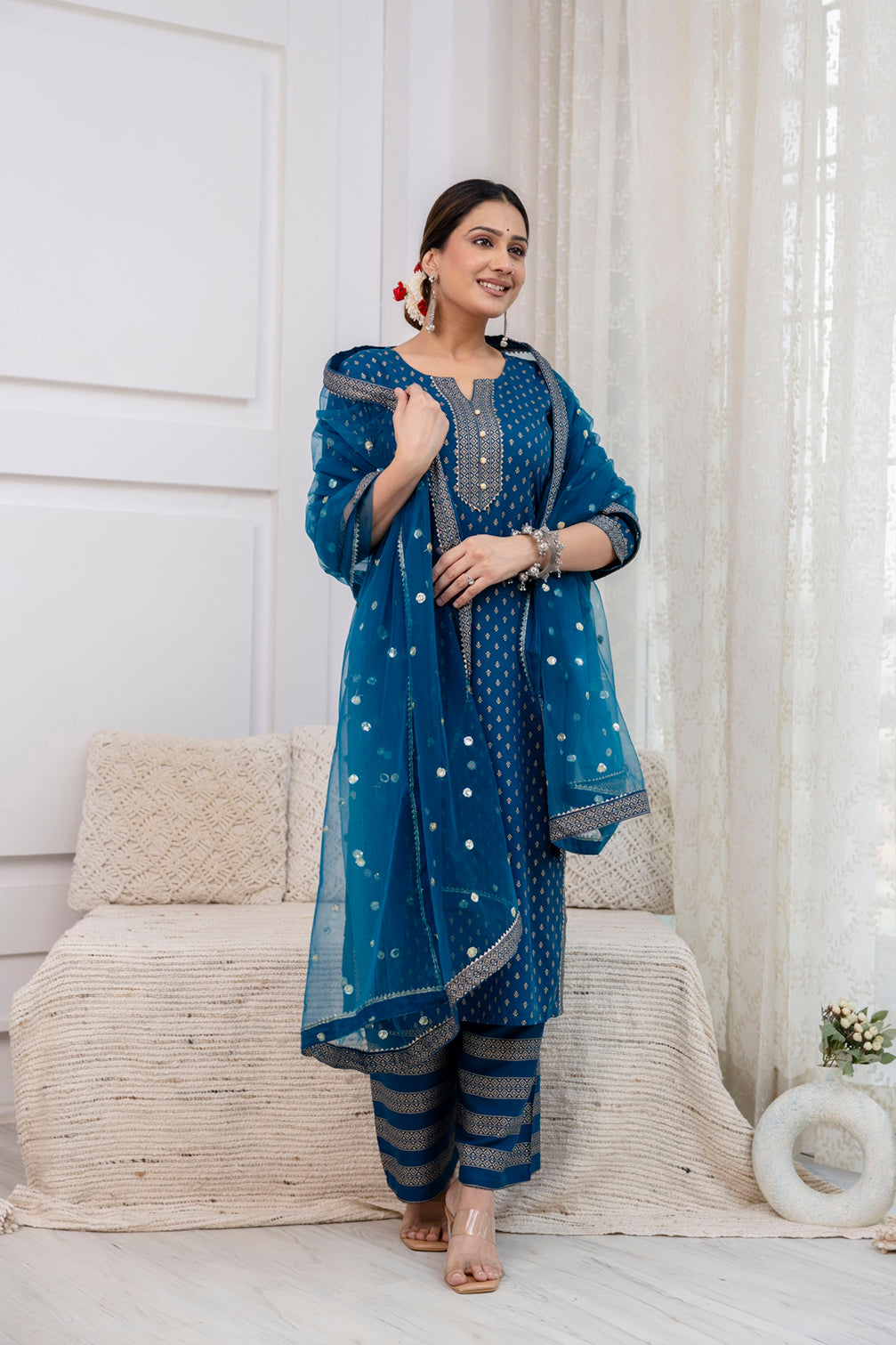 Blue Gold Printed Straight Kurta Set With Net Dupatta for Women | LASVINI - Redefining Indian Fashion with Elegance
