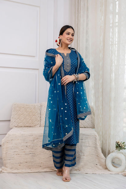 Blue Gold Printed Straight Kurta Set With Net Dupatta for Women | LASVINI - Redefining Indian Fashion with Elegance