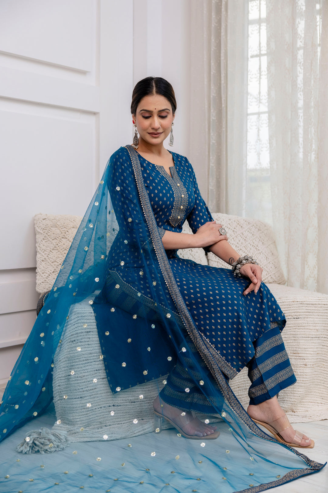 Blue Gold Printed Straight Kurta Set With Net Dupatta for Women | LASVINI - Redefining Indian Fashion with Elegance