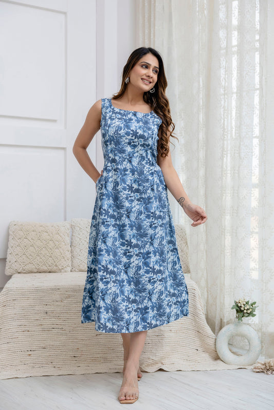 Women Blue Abstract Printed Flared Dress | LASVINI - Redefining Indian Fashion with Elegance