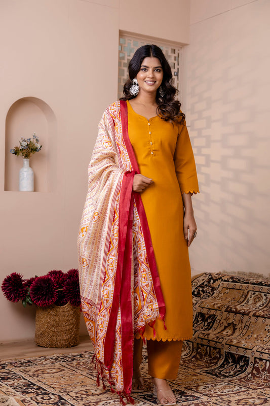 Mustard Straight Kurta Set With Printed Dupatta for Women | LASVINI - Redefining Indian Fashion with Elegance