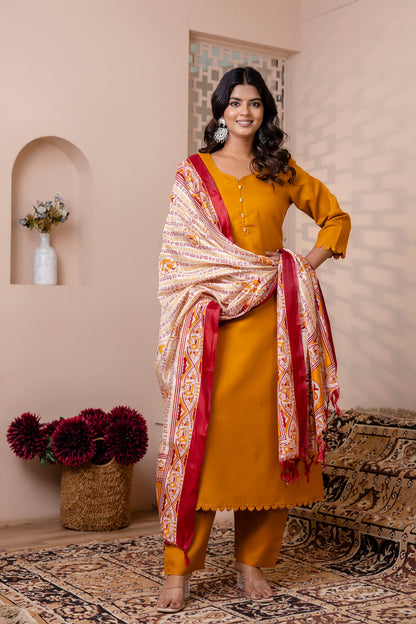 Mustard Straight Kurta Set With Printed Dupatta for Women | LASVINI - Redefining Indian Fashion with Elegance