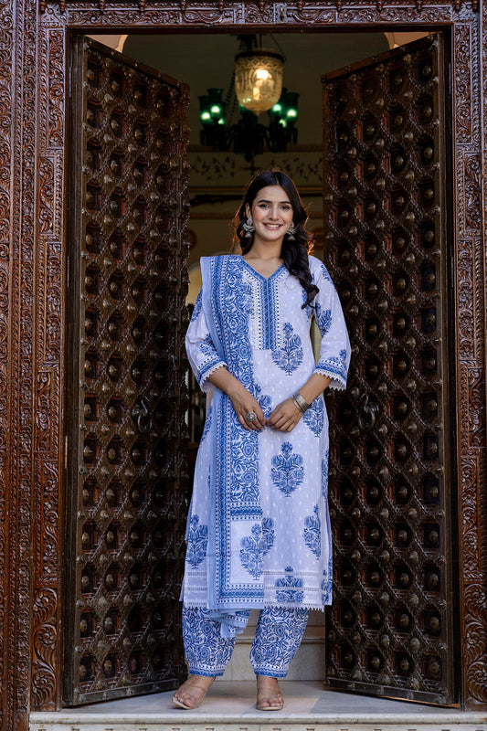 White Printed Straight Kurta Set With Dupatta for Women | LASVINI - Redefining Indian Fashion with Elegance