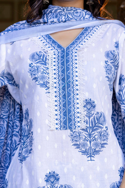 White Printed Straight Kurta Set With Dupatta for Women | LASVINI - Redefining Indian Fashion with Elegance