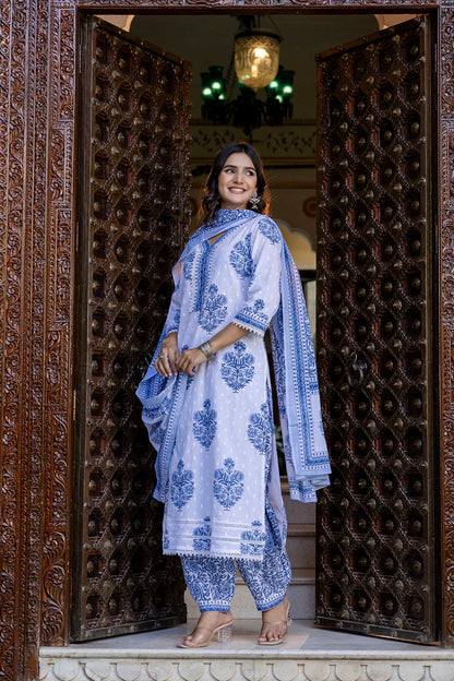 White Printed Straight Kurta Set With Dupatta for Women | LASVINI - Redefining Indian Fashion with Elegance